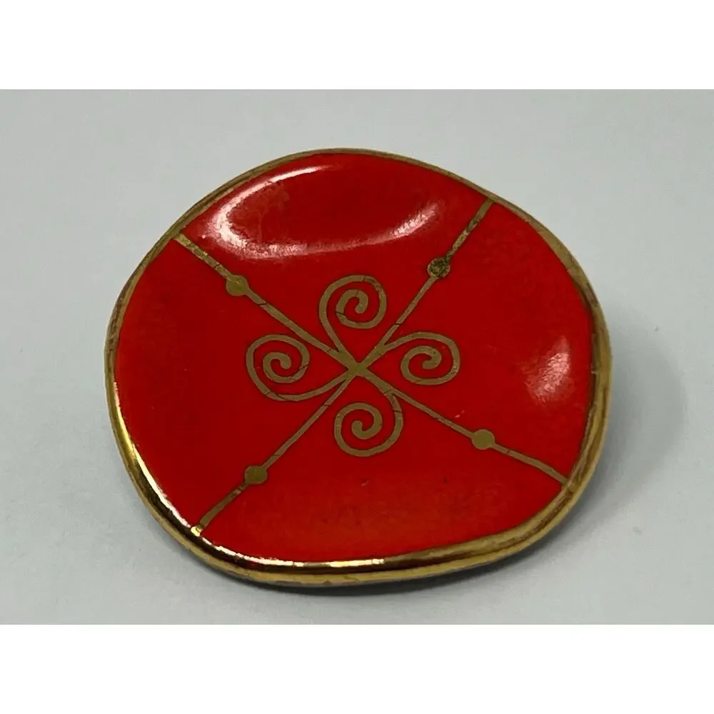 Vintage Milvern Co. Brooch – Hand-Painted Red & Gold Scroll Design, Mid-Century